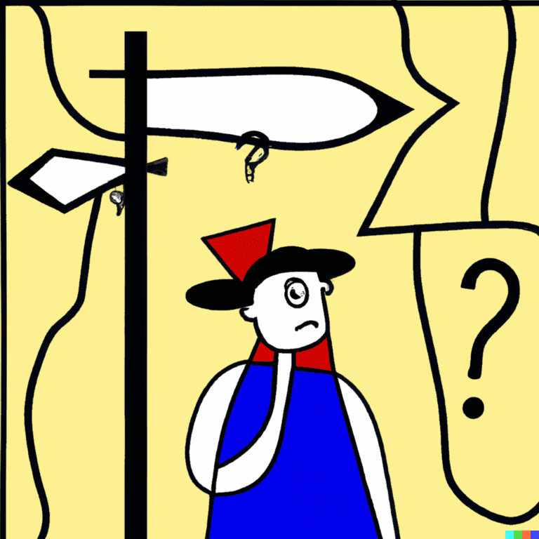 a women standing in front of a guide post unsure where to go